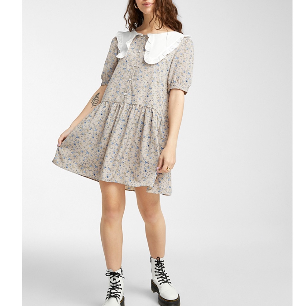Simons Beige Floral Mini Dress with White Collar